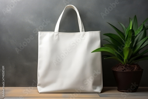 Mockup of white eco reusable shopper tote bag near gray wall with plants. Blank cotton bag for displaying art design of brand or logo.