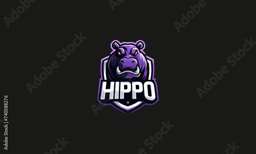 head hippo purple and shield vector logo design template