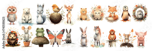 Charming Collection of Cartoon Animals in Nature: Owl, Bear, Squirrel, Bird, Deer, Cat, Fox, Hedgehog, Mouse, Frog, Butterfly, Rabbit, Horse, Orangutan