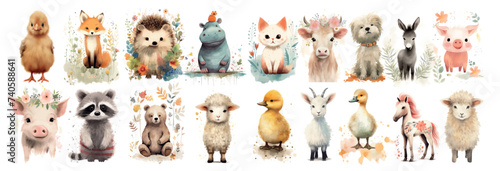 harming Watercolor Collection of Baby Animals: Duckling, Fox, Hedgehog, Hippopotamus, Cat, Goats, Dog, Donkey, Piglets, Raccoon, Bear Cub, Lamb, Duck