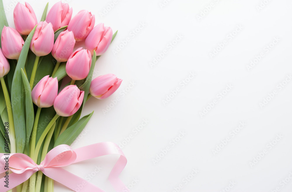 Fototapeta premium Pink and white tulips on a white background. Spring time concept.