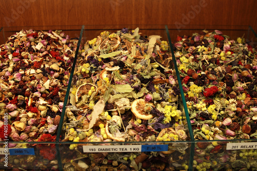 Assorted tea and spices specialties in Istanbul Turkey, Grand Bazaar