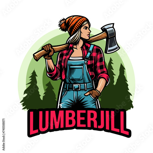 Lumberjill Holding Big Axe Logo Concept