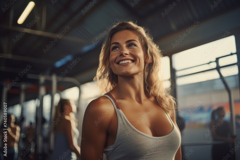 Radiant fitness enthusiast in gym, confident and healthy lifestyle