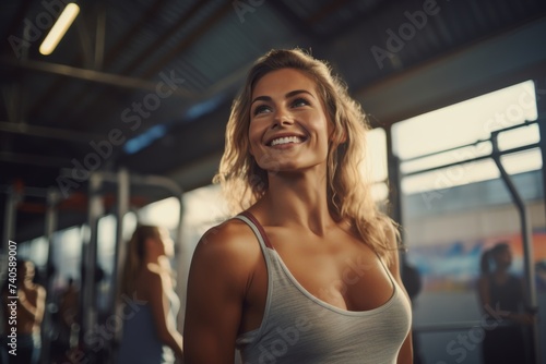 Radiant fitness enthusiast in gym, confident and healthy lifestyle © Iona