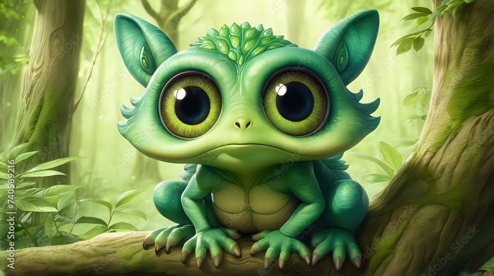 A small, green creature with large, wise eyes, sitting serenely beneath a tree in a lush forest. A small, green creature with large, wise eyes, sitting serenely beneath a tree in a lush forest.