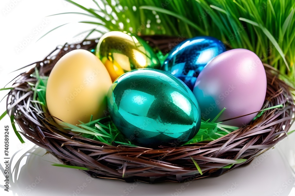 Obraz premium Ostern - Ostereier und Hasen, Osterdekoration, Symbolbild für Ostern - KI generiert