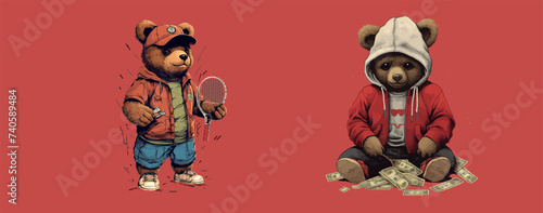 Stylish Teddy Bears in Urban Attire: One Engaging in Badminton, Another Flaunting Wealth Amidst Scattered Dollar