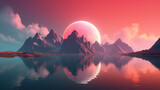 A surreal minimalistic landscape with mountains and a lake with reflection. Pink clouds in the sky above the mountains