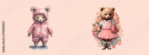 Charming Illustrated Bears in Stylish Outfits, One in a Mouse Costume and the Other Surrounded by a Floral