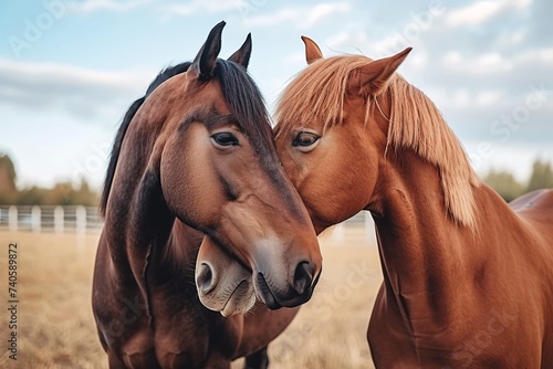 Deux chevaux marrons se faisant un calin » IA générative photo