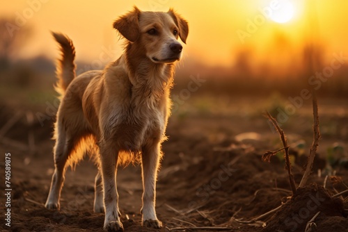 Une jeune chien dans un champ près d'une ferme » IA générative