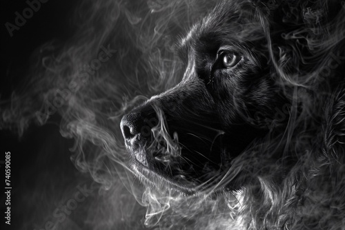 Gros plan d'un chien entouré de fumée en noir et blanc » IA générative