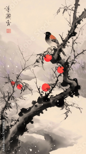 Japanese style painting of a bird on a branch