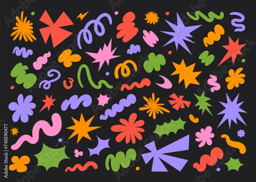 Abstract set colorful retro groovy shapes on a black background. Trendy geometric cosmic starburst forms. Vector illustration in style 90s, 00s