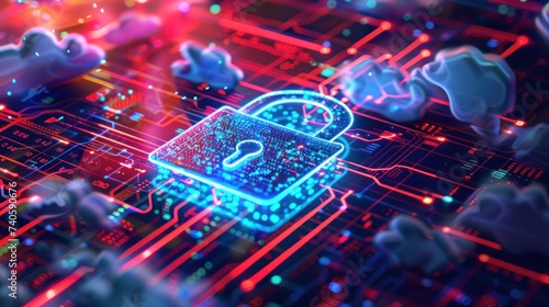 Futuristic digital padlock on a vibrant cybersecurity circuit board  symbolizing advanced data protection technology.