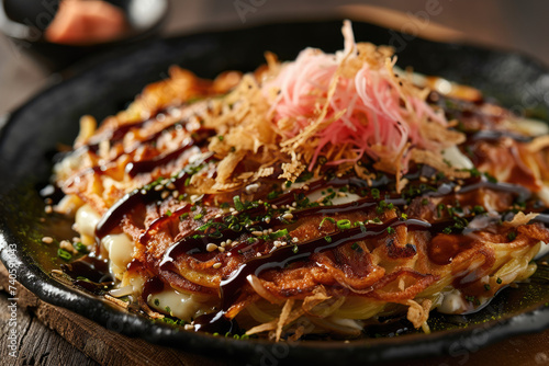 Vibrant Okonomiyaki Food Artwork., street food and haute cuisine photo