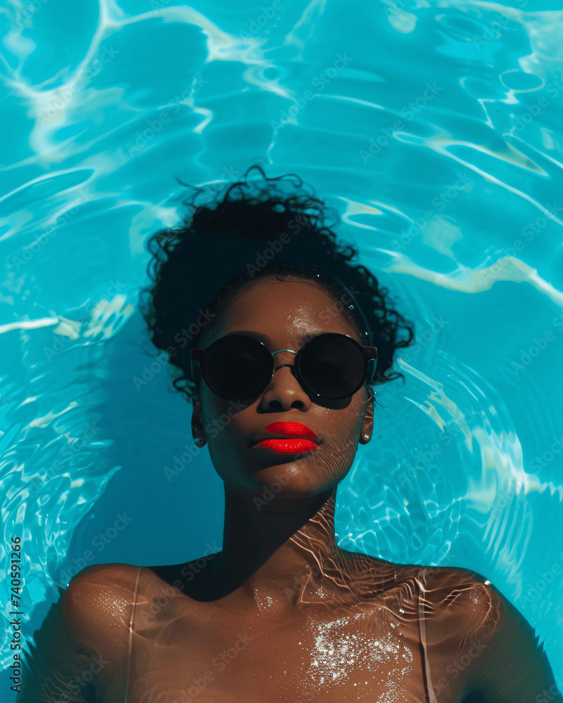 Attractive Young Black Woman Floating in Crystal Clear Water with Red Lipstick and Sunglasses, Summer Holiday Advertisement