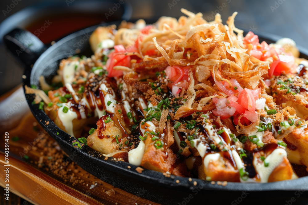 Delectable Okonomiyaki Fries Photograph., street food and haute cuisine Delectable Okonomiyaki Fries Photograph., street food and haute cuisine