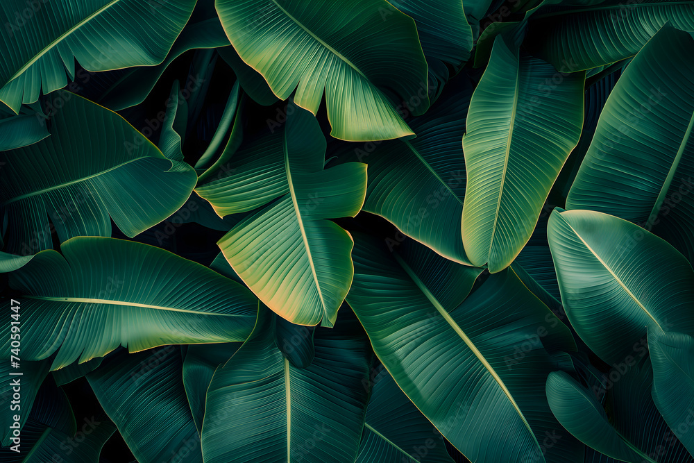 Obraz premium Abstract tropical banana leaves dark green full-frame background