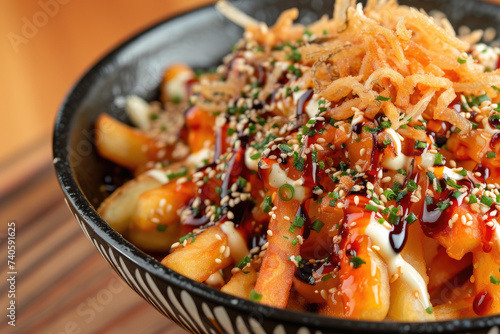 Colorful Okonomiyaki Fries Creation, street food and haute cuisine