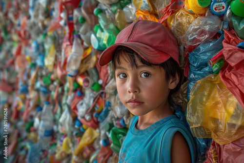 A Mexican boy stands in front of a tall wall of plastic bottles, highlighting the seriousness of plastic pollution in the environment. Ecological problem