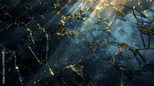 a dance of golden geometric glass shards suspended among a glittering abyss of light and shadow.