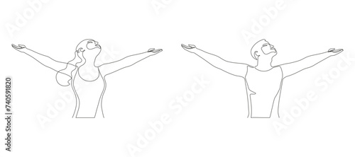 Happy man and woman raising hands in an exercise of relax and breathing, one line continuous drawing. Person stretching arms as symbol of freedom and openness to peace. Vector