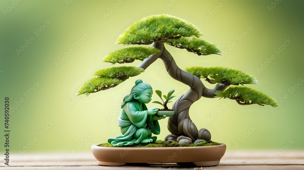 An adorable, green-hued creature practicing the art of bonsai, carefully trimming the miniature tree's delicate leaves. An adorable, green-hued creature practicing the art of bonsai, carefully trimming the miniature tree's delicate leaves.