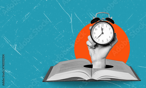 Фотография Art collage, hand with book alarm clock on blue background.