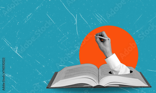 Art collage, hand with pen and book on blue background with space for text.