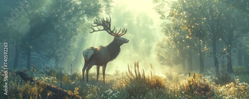 Healing holistically doctor deer forest clearing morning herbs natural forest green Ancient times mist solo AI diagnostic photo