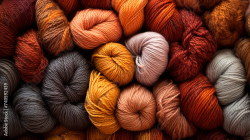 many skeins of multi-colored yarn in natural shades (brown, yellow, orange, burgundy). Knitting and crochet.
