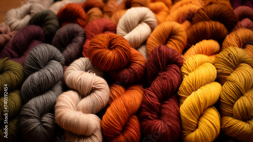 many skeins of multi-colored yarn in natural shades (brown, yellow, orange, burgundy).  Knitting and crochet. photo