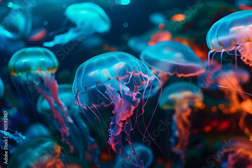 glowing sea jellyfishes on dark background, neural network generated image photo
