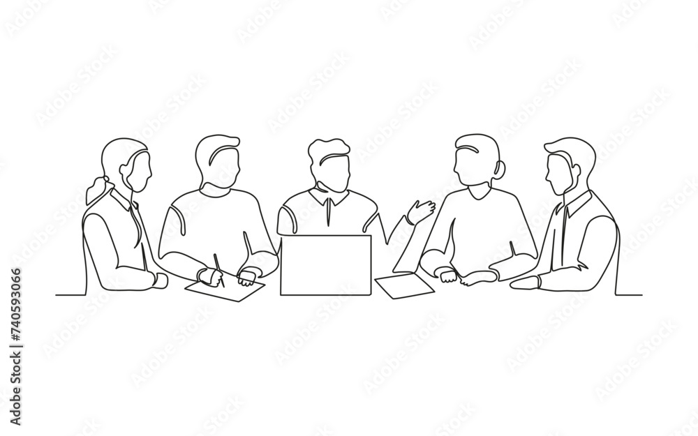 Business meeting of group office people, work on laptop, continuous one line drawing. Teamwork, learning or business talking, partnership in work. Simple single minimalism outline style. Vector Business meeting of group office people, work on laptop, continuous one line drawing. Teamwork, learning or business talking, partnership in work. Simple single minimalism outline style. Vector