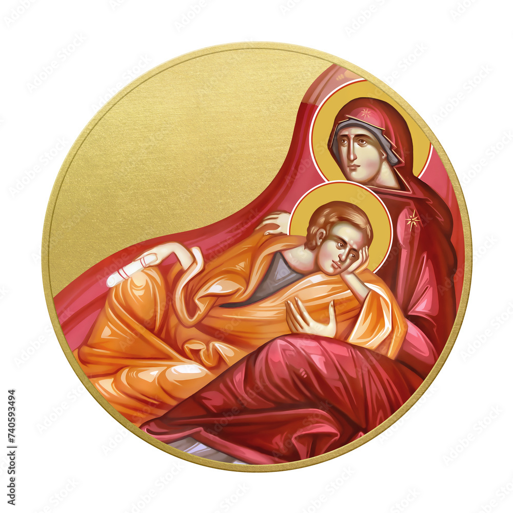 Orthodox traditional image of Saint Mary. Golden christian medallion in Byzantine style on white background