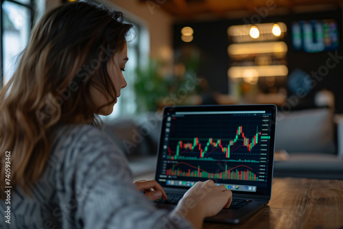 Woman analyzing stock market data on laptop in cafe