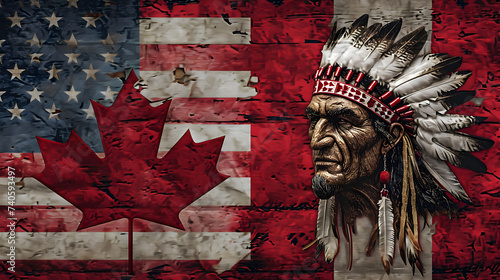 Native Brazilian Indian Mans On Canadian Flag. Generative Ai photo