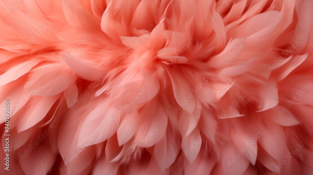 Feathers in a peach fuzz color as a background. Top view. Feathers in a peach fuzz color as a background. Top view.