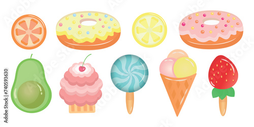 Wallpaper Mural Set of cute summer illustrations, food stickers for summer party: fruit, strawberry, cocktail, ice cream, cake, avocado, watermelon, vector illustration, eps 10 Torontodigital.ca
