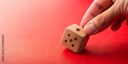 Hand with dice with business investment risk concept in red background. Luck, Goal, Illustration, 3D rendering