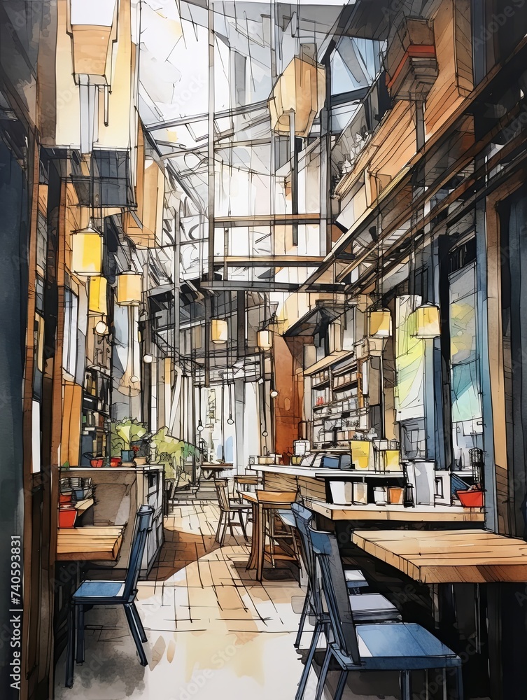 Naklejka premium Metropolis Coffee Break: Aesthetic Urban Cafe Sketches in Modern Landscape