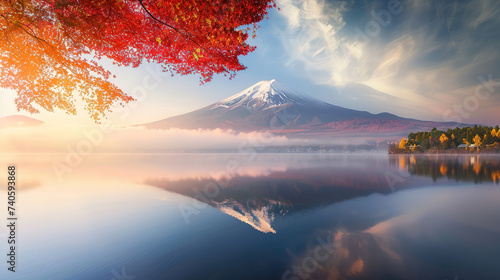 Colorful Autumn Season and a Mountain with morning fog and red leaves at lake 
