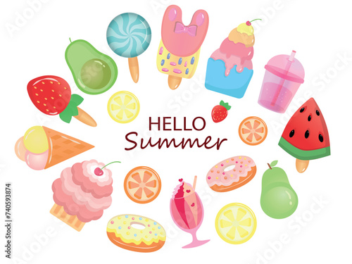 Set of cute summer illustrations, food stickers for summer party: fruit, strawberry, cocktail, ice cream, cake, avocado, watermelon, vector illustration, eps 10