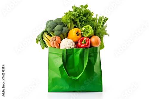 Healthy vegetarian food in paper shopping bag. Vegetables and fruits isolated on white background