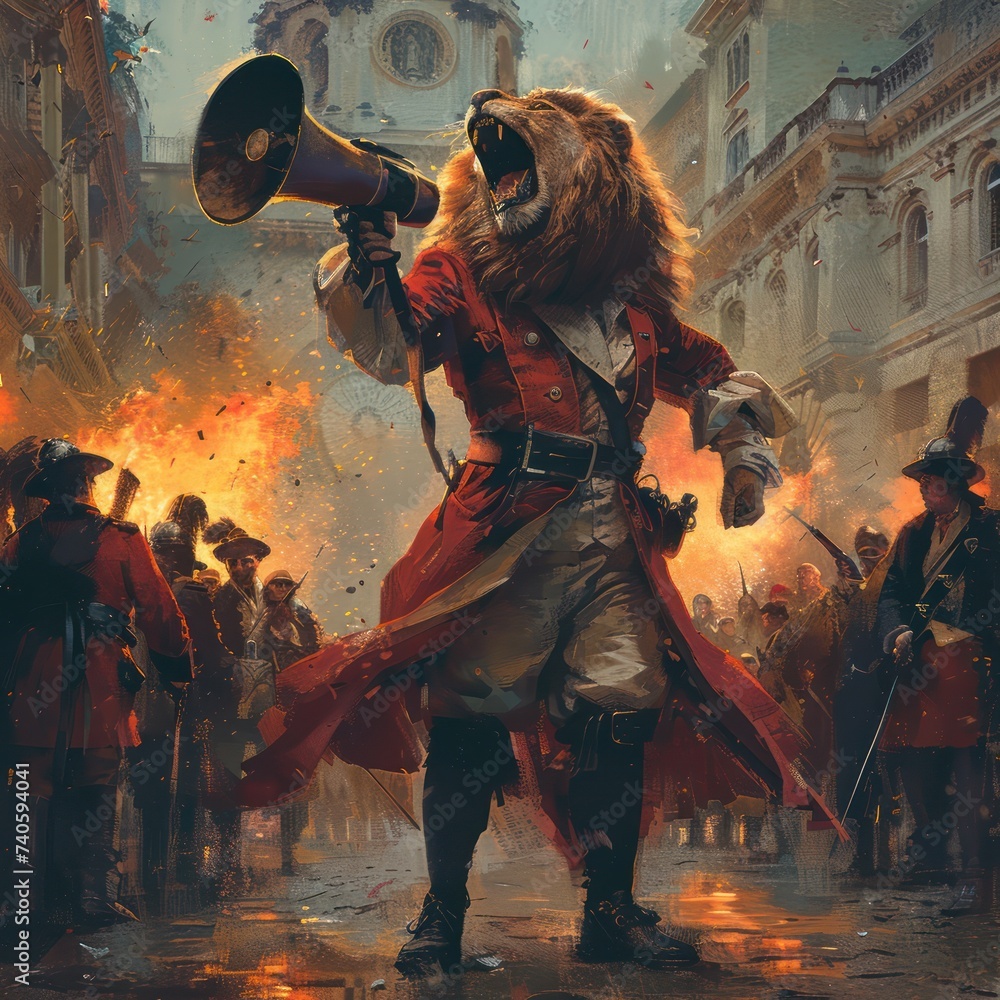 Leading revolutions rebel leader lion city square twilight megaphone