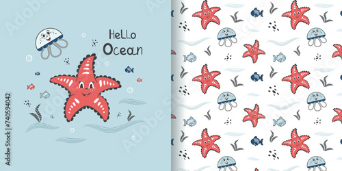 Children's seamless pattern with a funny starfish, sea fish and jellyfish. Vector design for baby bedding, fabric, wallpaper, wrapping paper and more.