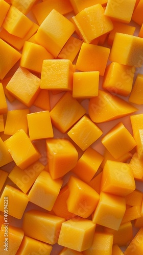 Mango Mosaic, close-up of a perfectly ripe mango, cut into small cubes and arranged in a mosaic pattern on the white background, generative AI, background image