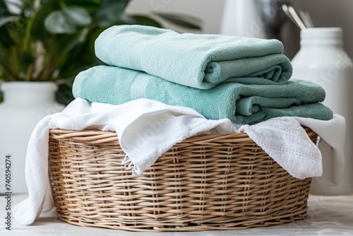 Laundry basket placed in front of a modern washing machine with a blurred background